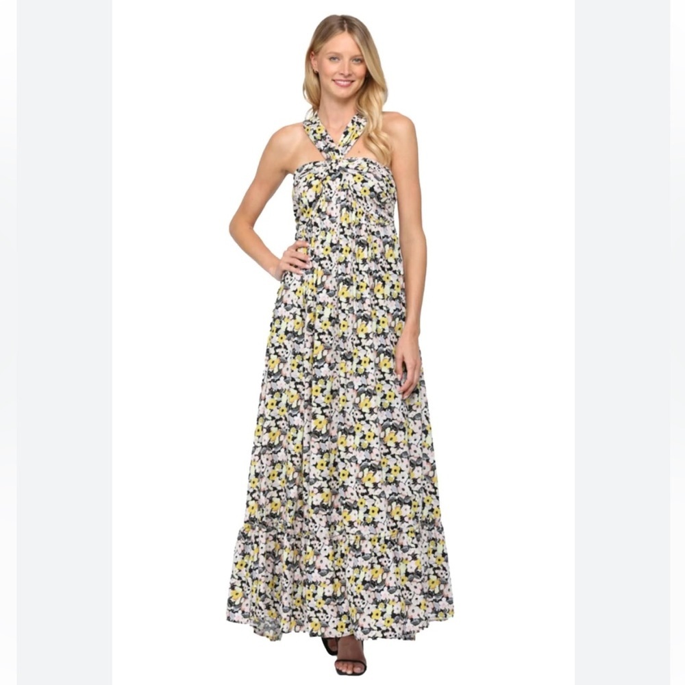 Fate By LFD Floral Halter Maxi Dress Flowy Smocked Boho Sz Small